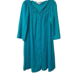 EUC Vintage Miss Elaine Classics Robe, Sz M, Teal, Embroidery, Housecoat, PJ